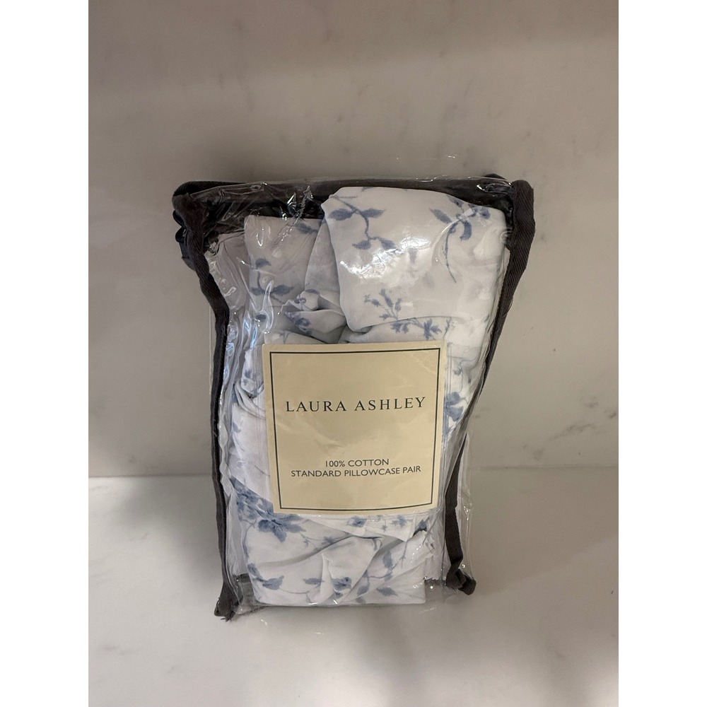 Laura Ashley Blue 100% Cotton Standard Pillowcase Pair Floral White Blue
